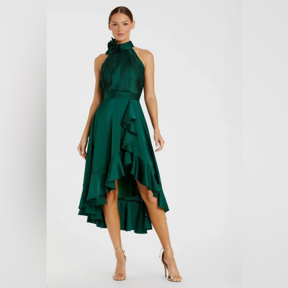 Mac Duggal Sz 8 Emerald Green Halter Neck Ruffled Hi-Low Cocktail Dress